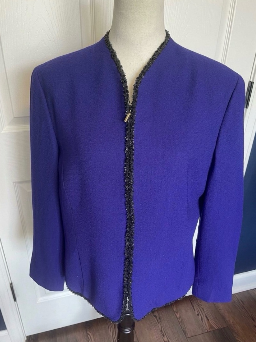 Kasper Collarless Blazer Royal Blue/ Purple Black Fringe Trim Jacket Wool Sz 14